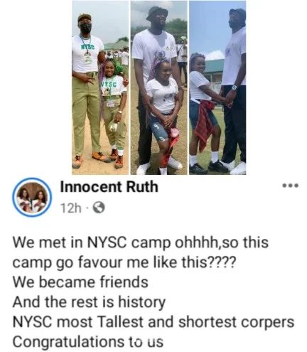 Tallest corper falls in love with shortest corp member after meeting at NYSC camp - tallest shortest corp member post