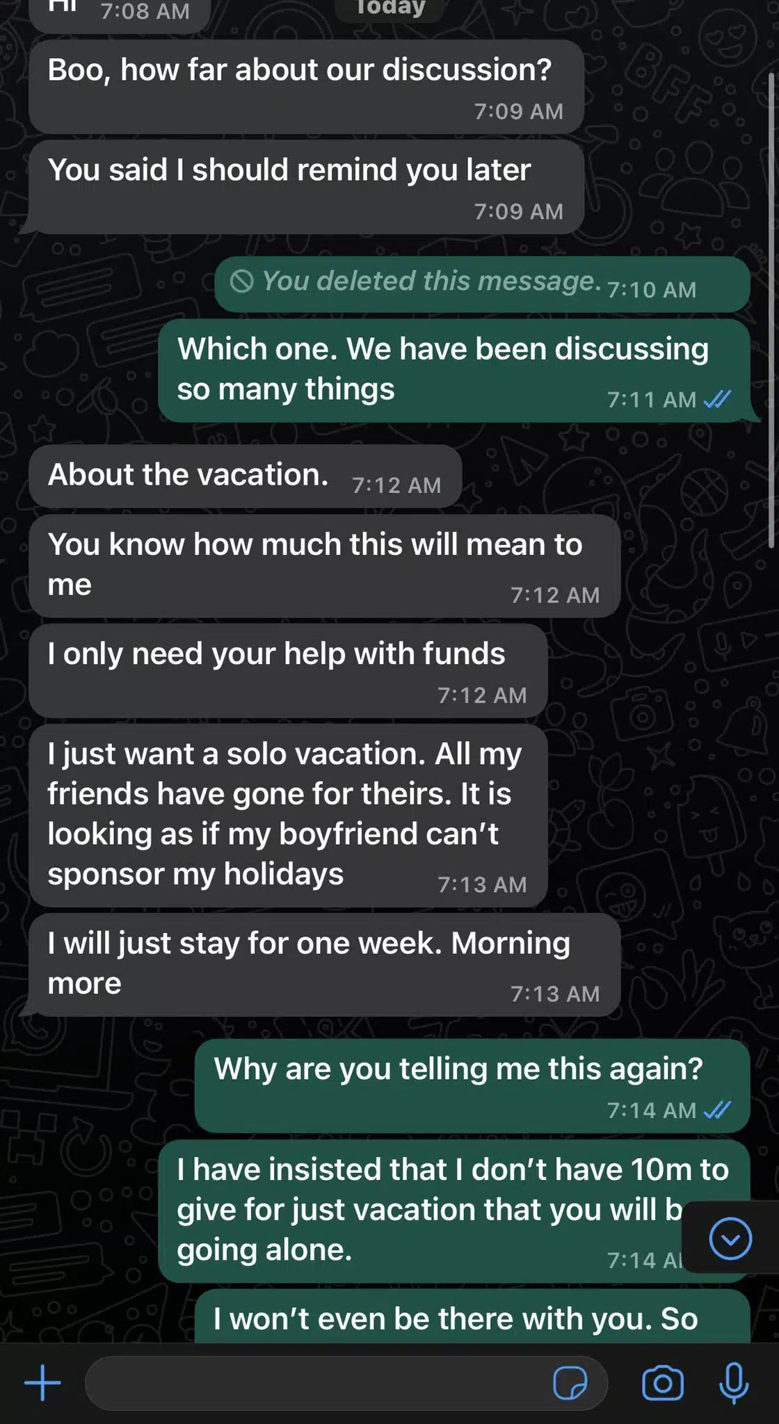All my friends have gone – Argument ensued as Nigerian lady asks boyfriend for N10m vacation fund