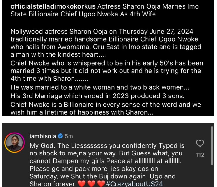 Bisola lambasts blogger for reporting that Sharon Ooja is Ugo Nwoke's 4th wife