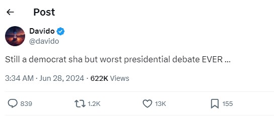 Davido reacts to Trump, Biden presidential debate