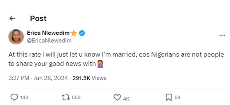 Nigerians are not people to share your good news with - Erica Nlewedim