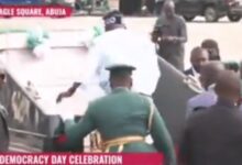 Moment Tinubu slipped and fell while boarding Presidential Parade Vehicle