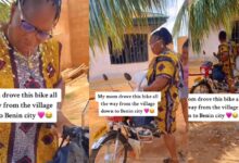 Lady amazed as her mother rides okada from village to deliver food to her in Benin