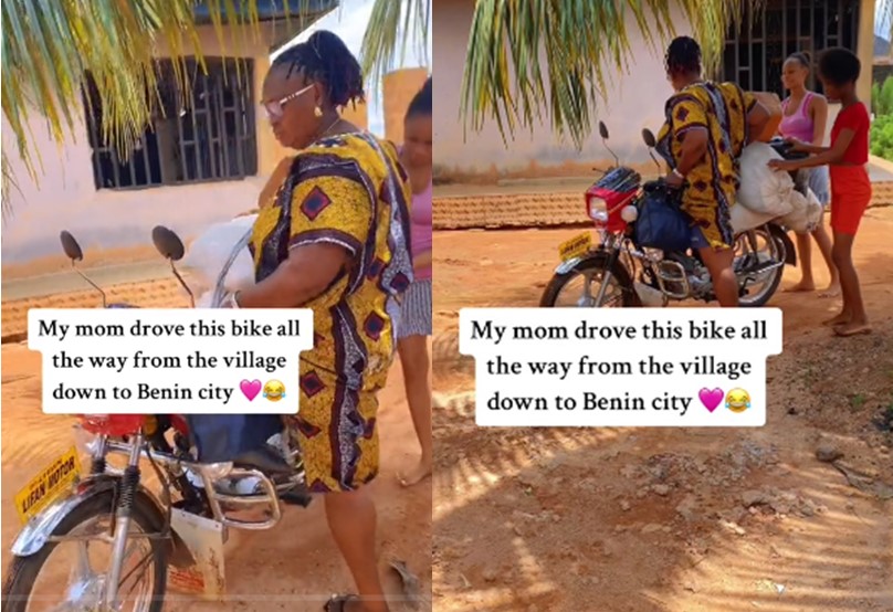 Lady amazed as her mother rides okada from village to deliver food to her in Benin